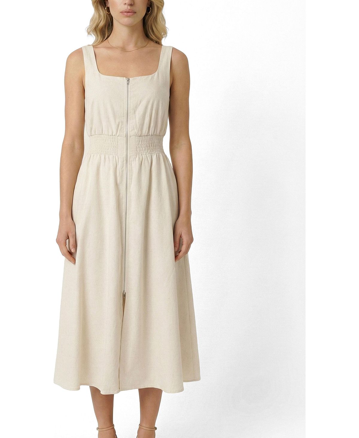 Modenaire Women's Sleeveless Smocked-Waist Front-Zip Slit Midi Dress view 1 — MAYCSS fashion products