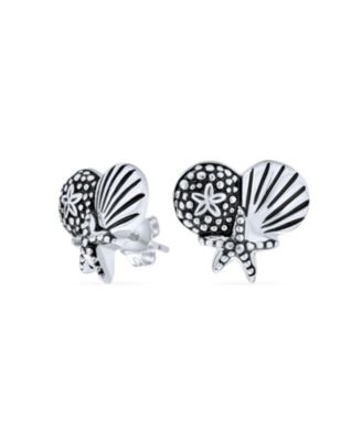 Tropical Vacation Beach Escape Sand Dollar Starfish Seashell Stud Earrings .925 Sterling Silver