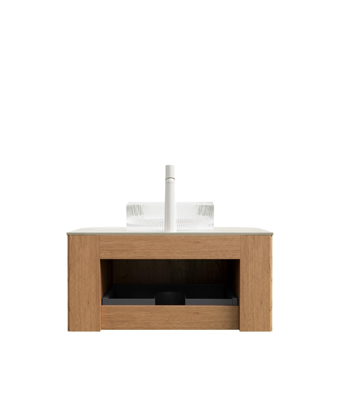 Sillysis Wall Mounted Bathroom Vanity with Crystal Glass Round Sink, Wood Grain Cabinet, Sintered Stone Top