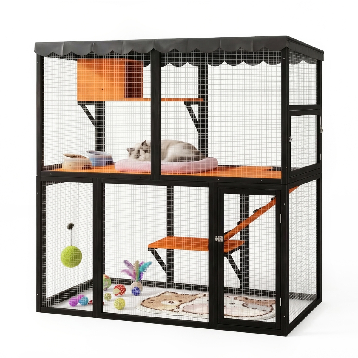 Streamdale Furniture Wooden Outdoor Catio Enclosure with Waterproof Cover and 4-Tier Ramp