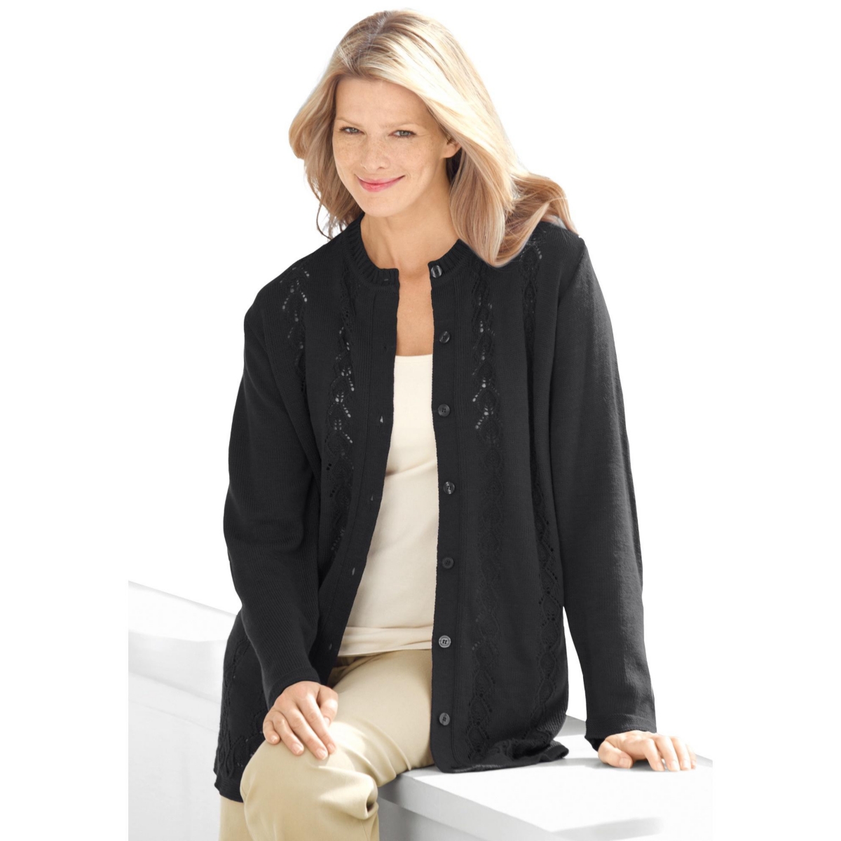Woman Within Plus Size Within Long-Sleeve Pointelle Cardigan - Black