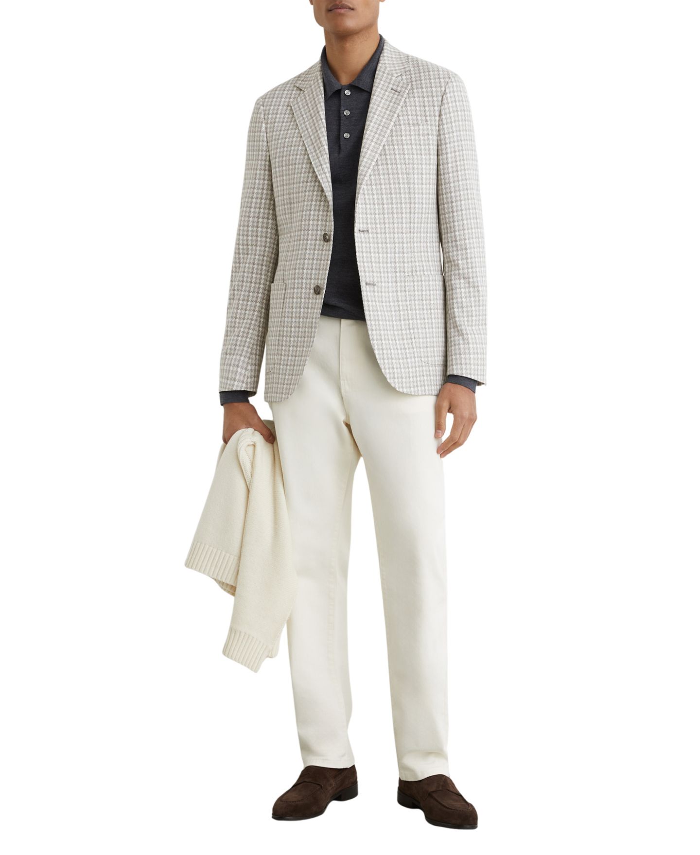 Мужской пиджак REISS Canty Tailored-Fit Houndstooth Single-Breasted Blazer, цвет: Мягкий серый — фото 4