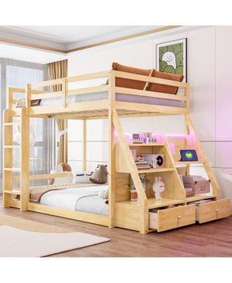 Full Bunk Bed with LED Lights, USB Ports, Storage Shelves and 2 Drawers