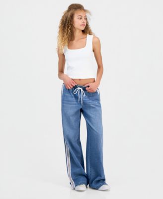 Juniors' Pull-On Side-Stripe Wide Leg Jeans