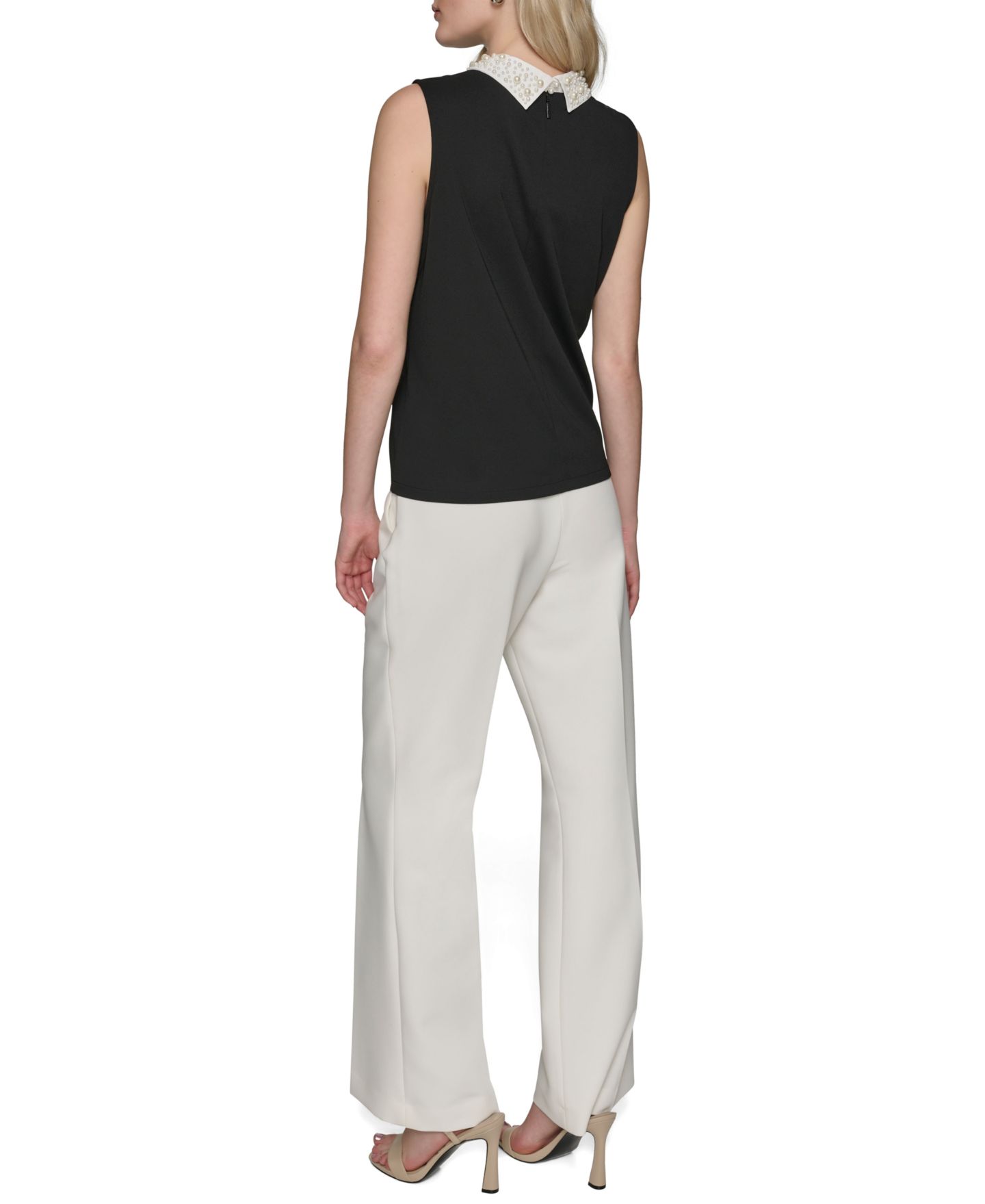 Женская блузка KARL LAGERFELD PARIS Petite Embellished Collar Sleeveless Blouse, цвет: Чёрный / Мягкий белый — фото 6