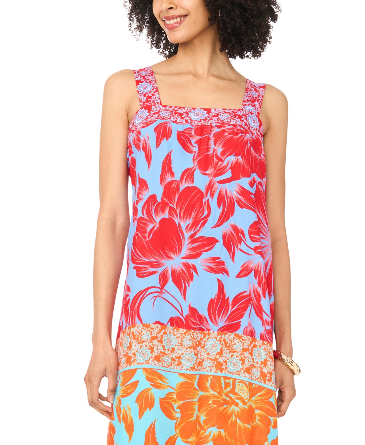 Vince Camuto Women's Smocked Panel Thick Strap Printed Maxi Dress