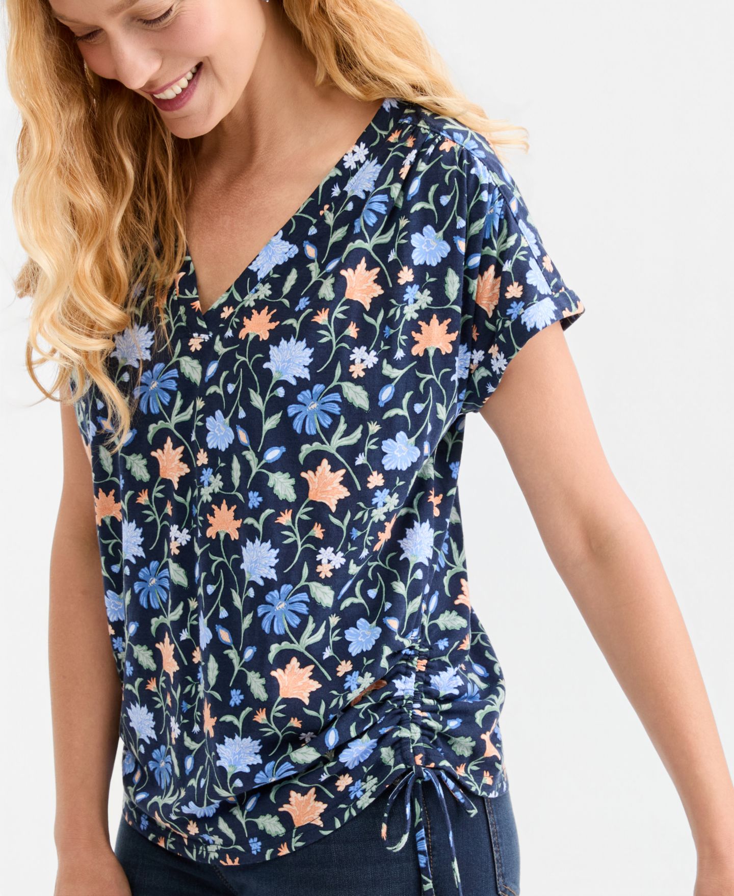 Женская футболка Style & Co Petite Ruched Tie-Side Floral, цвет: Синий — фото 2
