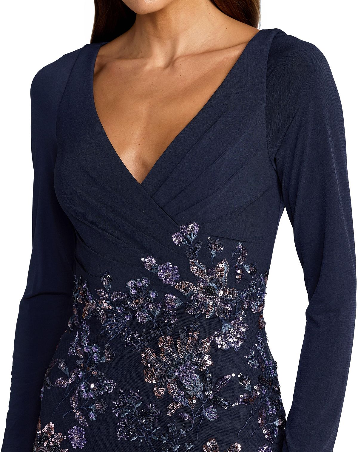 Mac Duggal Women's Floral Embroidered Jersey Long Sleeve Gown view 3 — MAYCSS fashion products