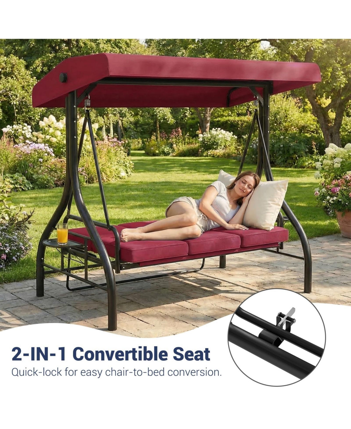 homfan 3-Seat Outdoor Swing with Adjustable Canopy, 2-in-1 Swing Bed, Thick Cushions, Cup Holders and Tray, Weather-Resistant Patio Furniture