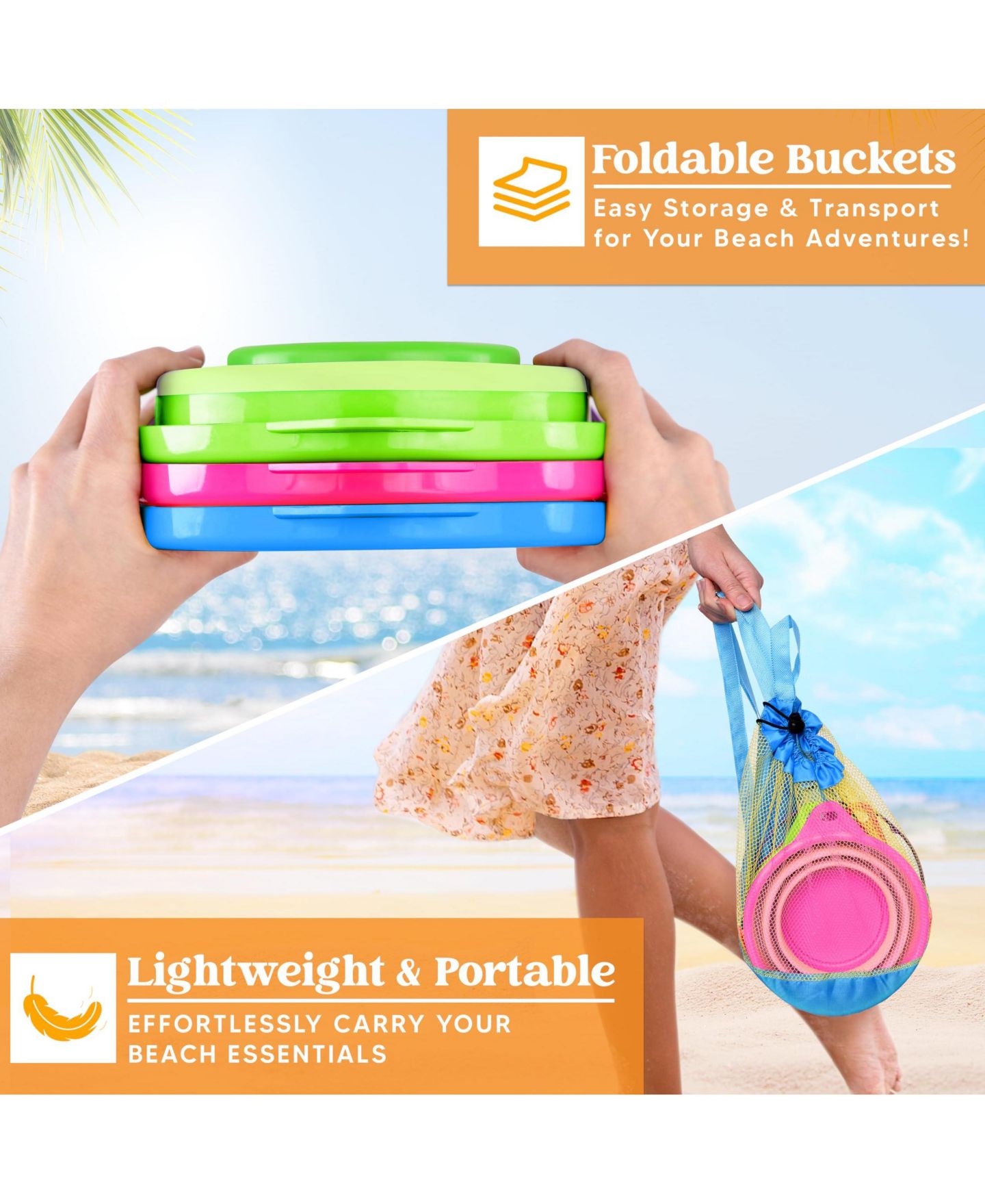 Детские игрушки GNUADZ Foldable Pail Bucket With Shovels and Mesh Bag, цвет: Синий розовый зелёный — фото 3