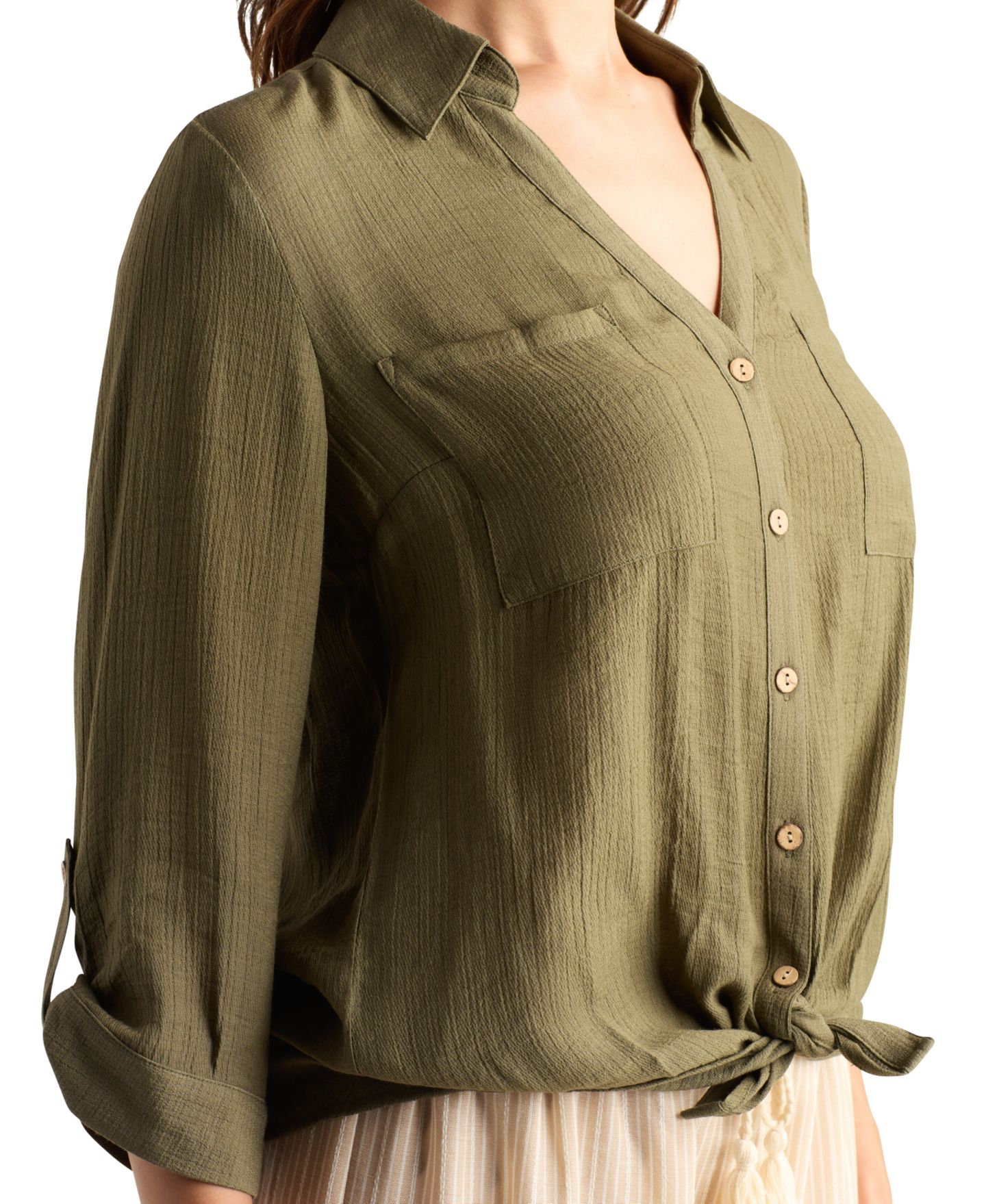 Женский топ BCX Texture Gauze Collared Button-Front Top, цвет: Оливковый — фото 3