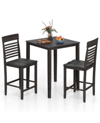 3 Piece Bar Height Dining Set for 2 with Footrest Wooden Frame