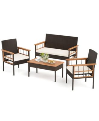 Wicker Furniture Set with Acacia Wood Tabletop and Armrests for Porch