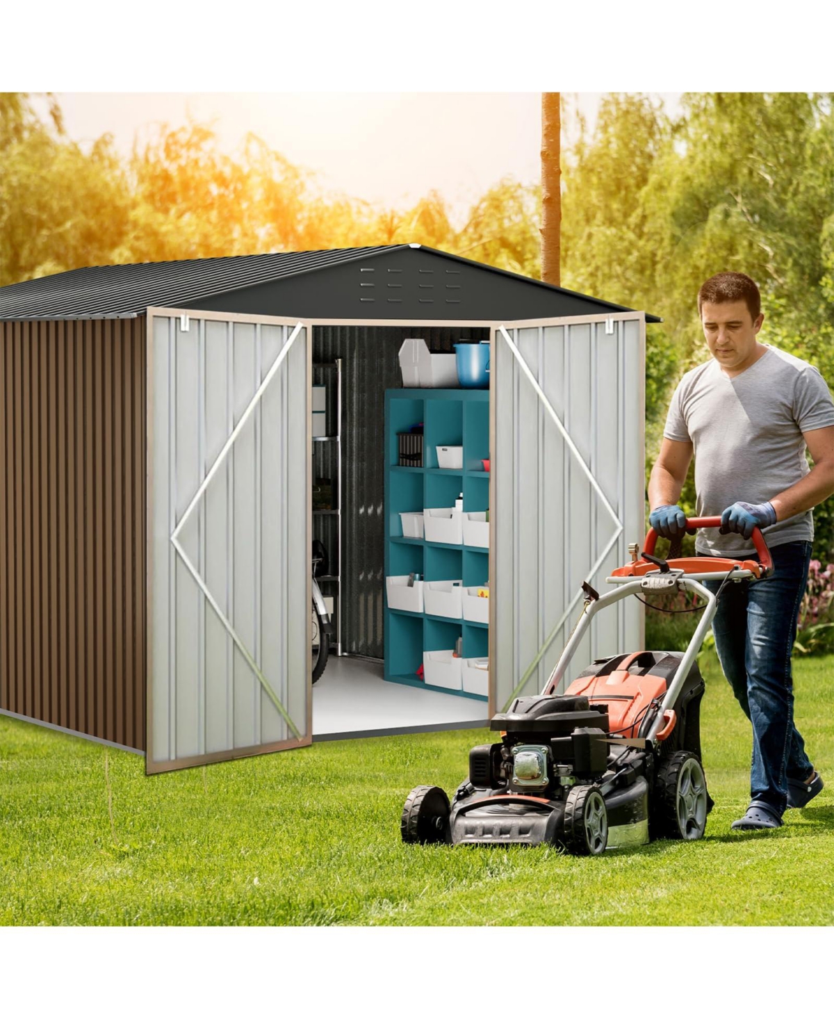homfan Outdoor Metal Storage Shed, Galvanized Steel Waterproof Garden Tool Organizer with Safety Edge Protectors and Spacious Interior