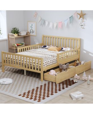 Wood Platform Bed with Guardrails and 2 Drawers