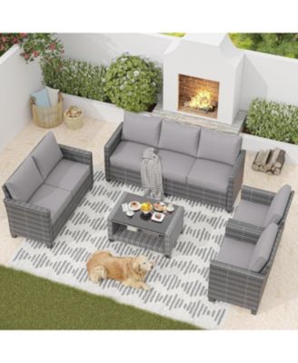 Outdoor Patio Sectional Set with Cushions and Glass Coffee Table