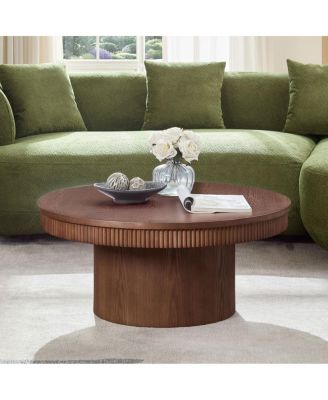 Walnut Round Coffee Table with Ribbed Wave Trim
