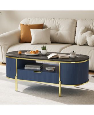 Modern Oval Fluted Coffee Table, Faux Marble Top, 2-Tier Storage Shelf, Drawer,  Metal Legs, Elegant Center Table for Living Room