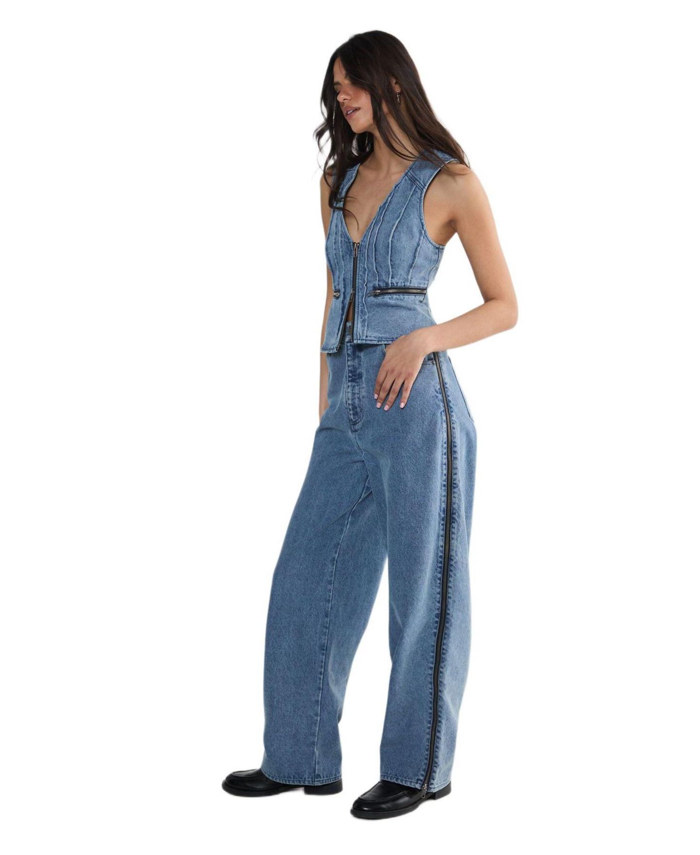 Женские джинсы Nasty Gal Zip Seam Detail Straight Leg Denim Jeans, цвет: Authentic Midwash — фото 2