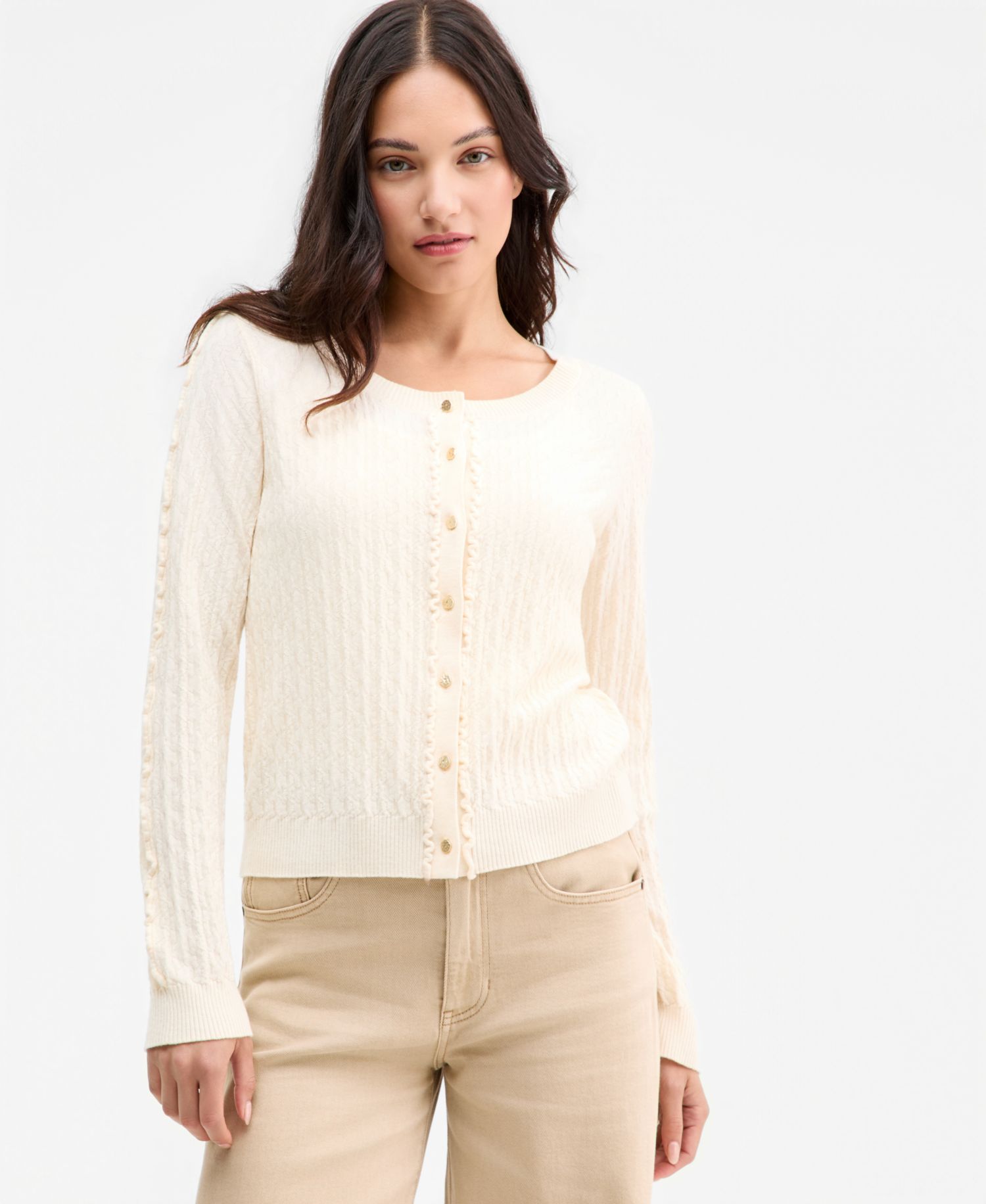 Women's Long-Sleeve Button-Front Ruffle Cardigan