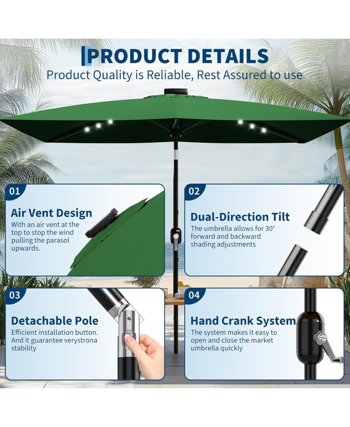 gaomon 10' x 6.5' Solar Patio Umbrella with Crank and Push Button Tilt for Garden, Deck, Lawn, Pool with Lights (No Base)