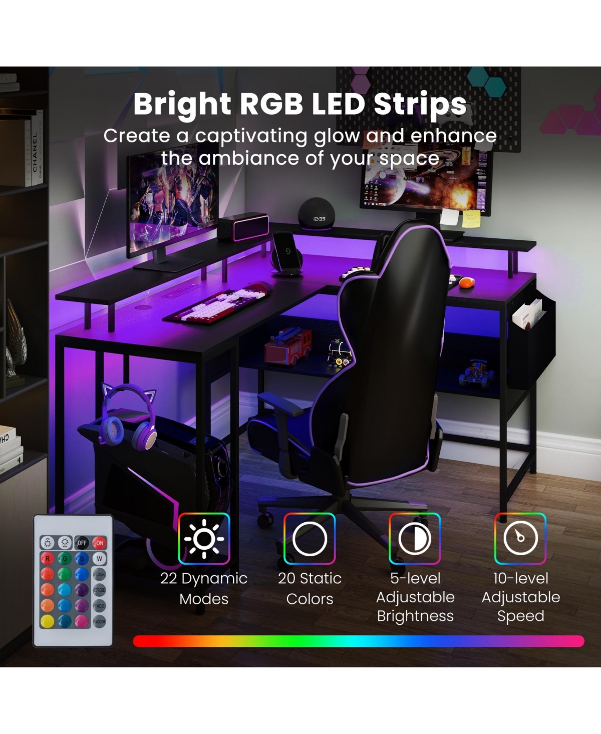 Slickblue L Shaped Computer Desk with Led Lights and Charging Ports