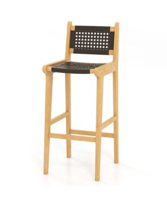 30 Inch Rattan Teak Wood Bar Stool with Backrest and Footrest