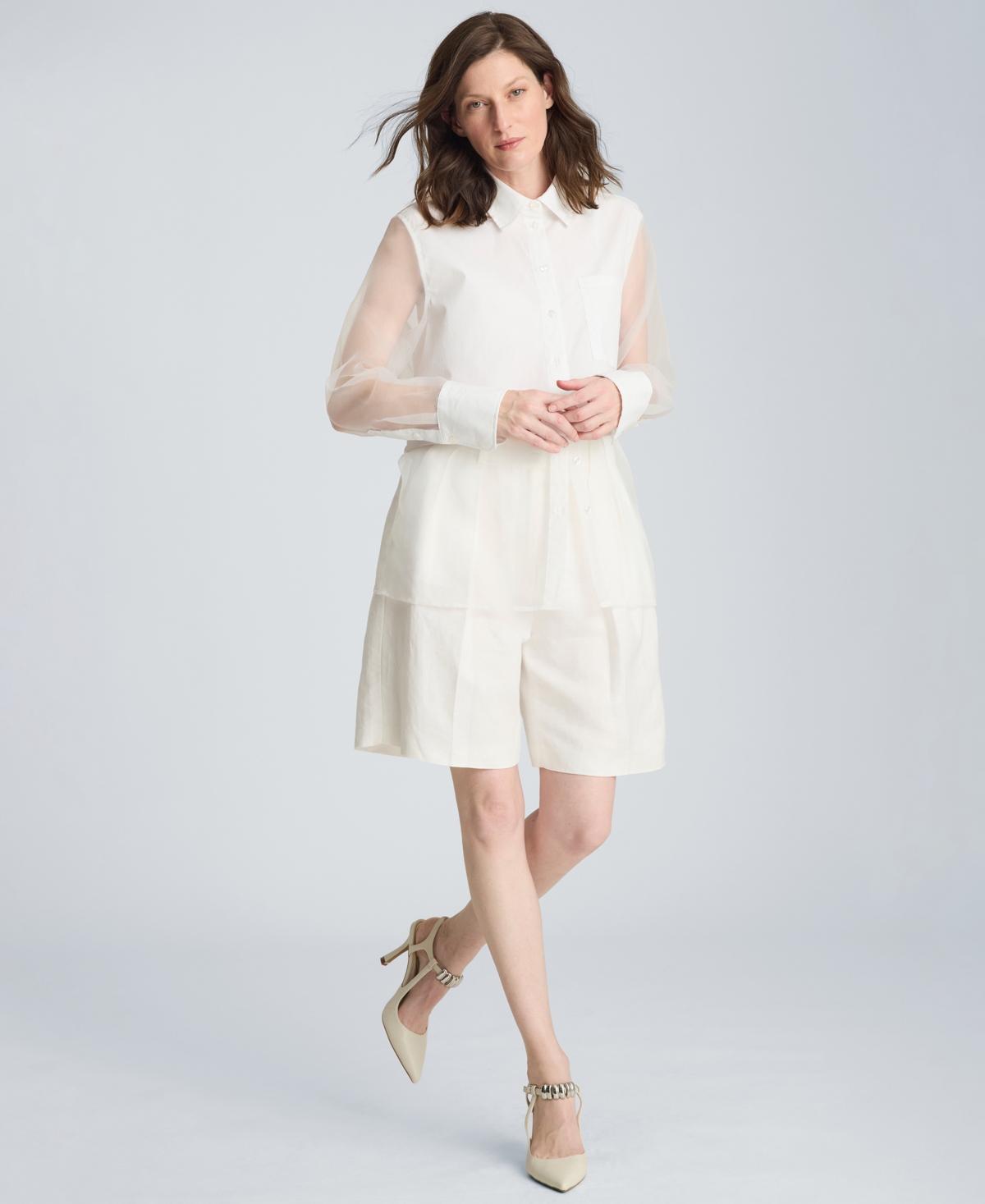 Kenneth Cole Women's Cotton-Blend Long-Sleeve Shirt - Pure White