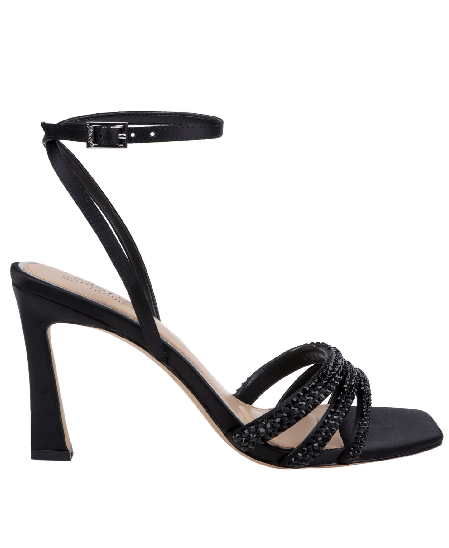 Женские сандалии Jewel Badgley Mischka Zimal Square Toe, цвет: Чёрный атласный — фото 2