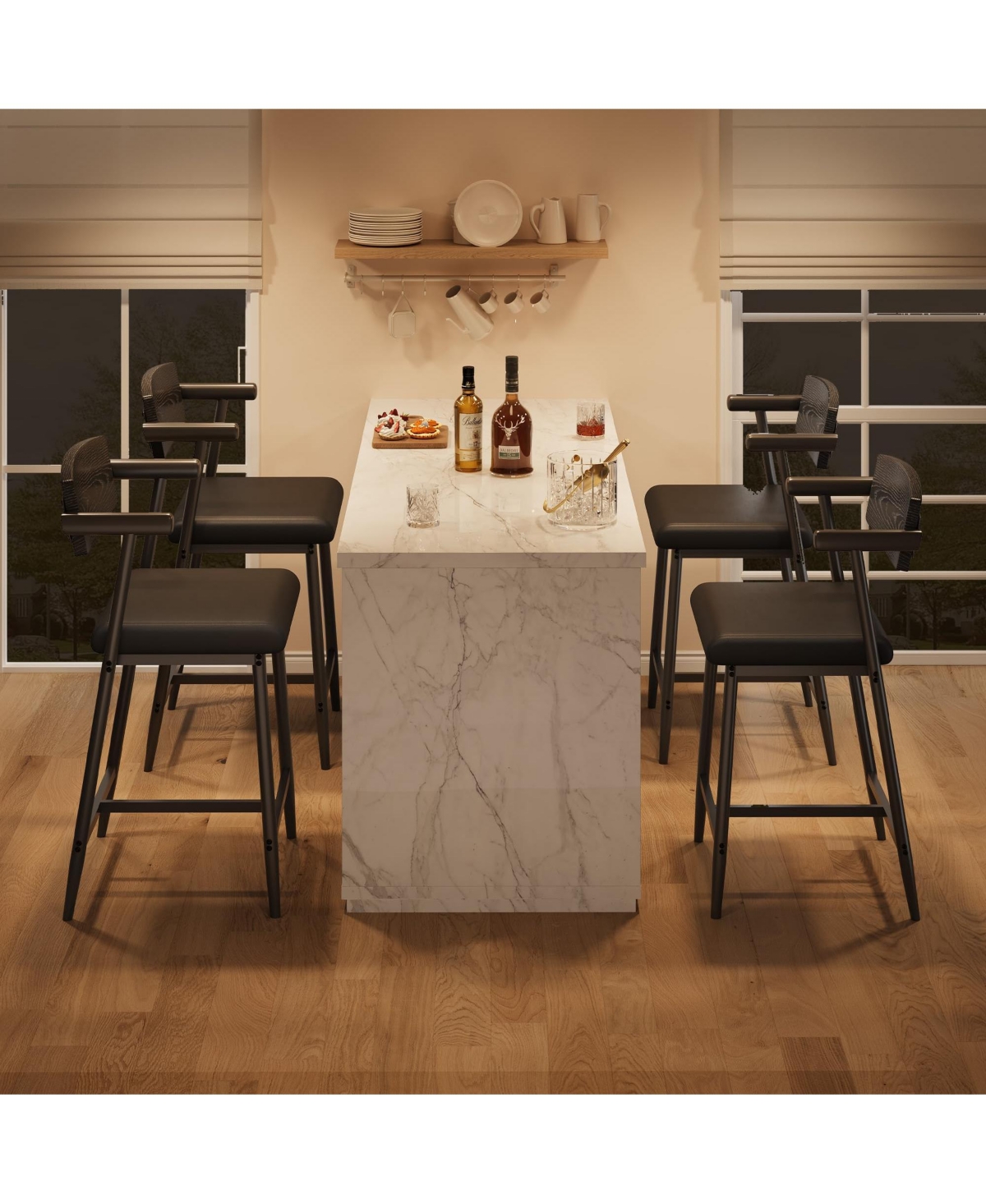 homfan 26" Counter Height Bar Stools with Arms - Metal Frame, Wood Back, Footrest, Wide Seat, Sturdy for Kitchen Island or Home Bar