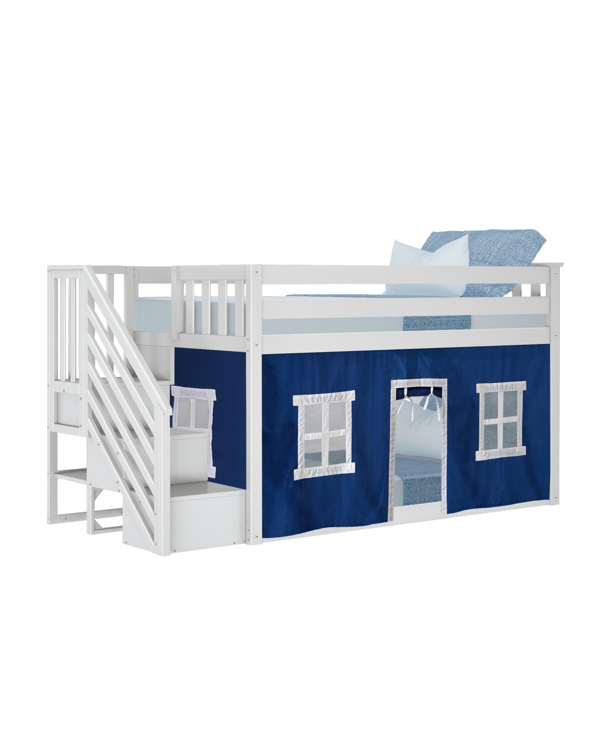 Max & Lily Twin Low Bunk Bed with Staircase and Curtains