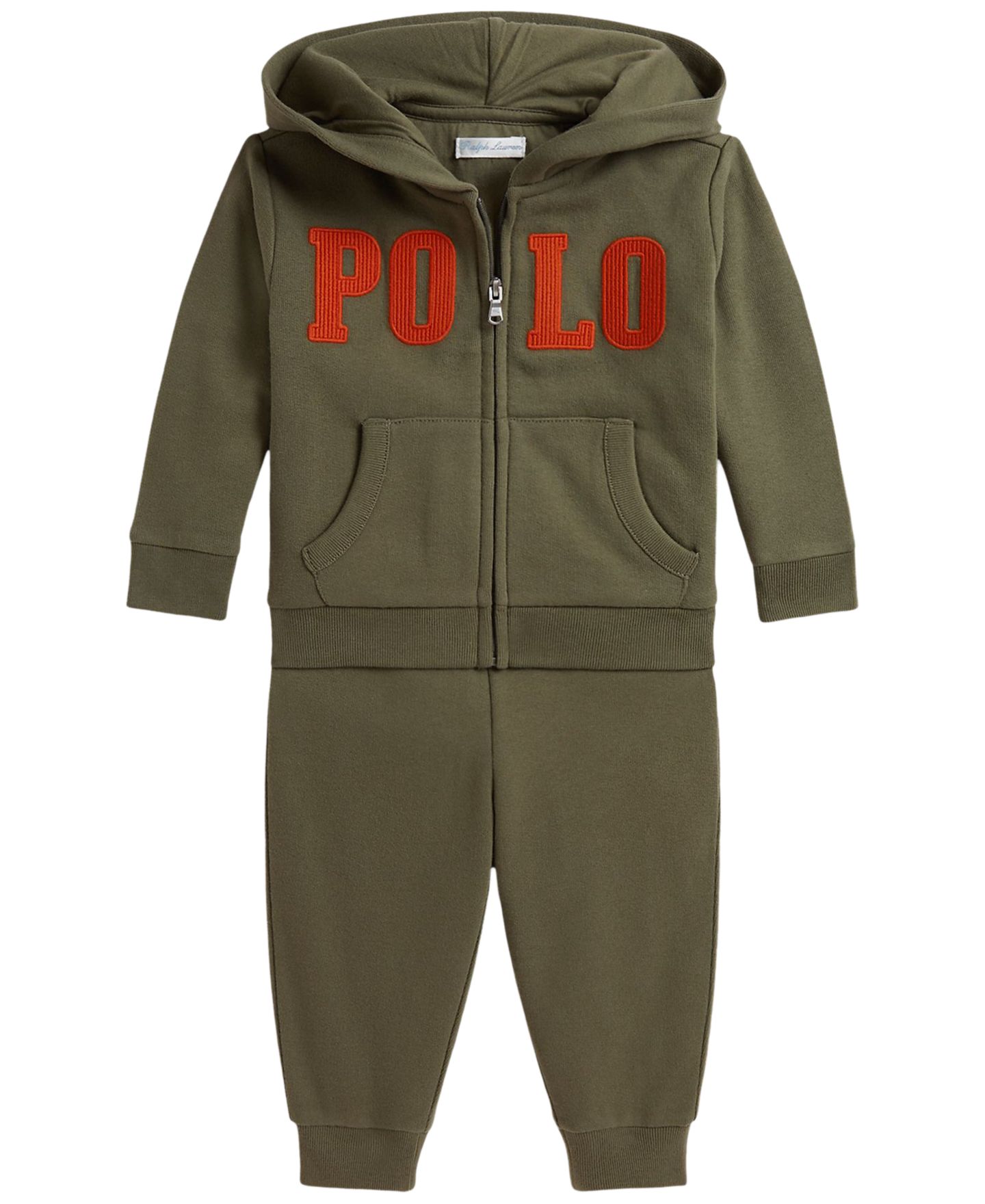Детский флисовый комплект Polo Ralph Lauren для малыша: худи на молнии с логотипом и брюки, цвет: Оливковый — фото 1