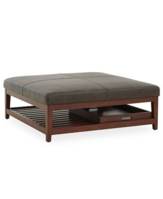 Jacey 17" Leather Square Wood Tray Ottoman