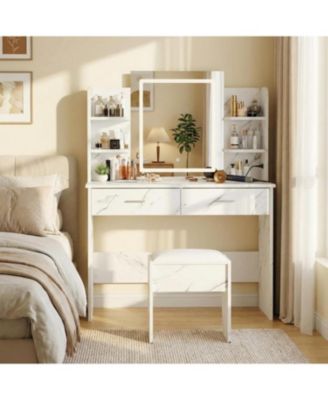 Makeup Vanity Desk with LED Mirror, 2 Drawers, Power Outlet & Cushioned Stool, 3 Light Modes, Marble.