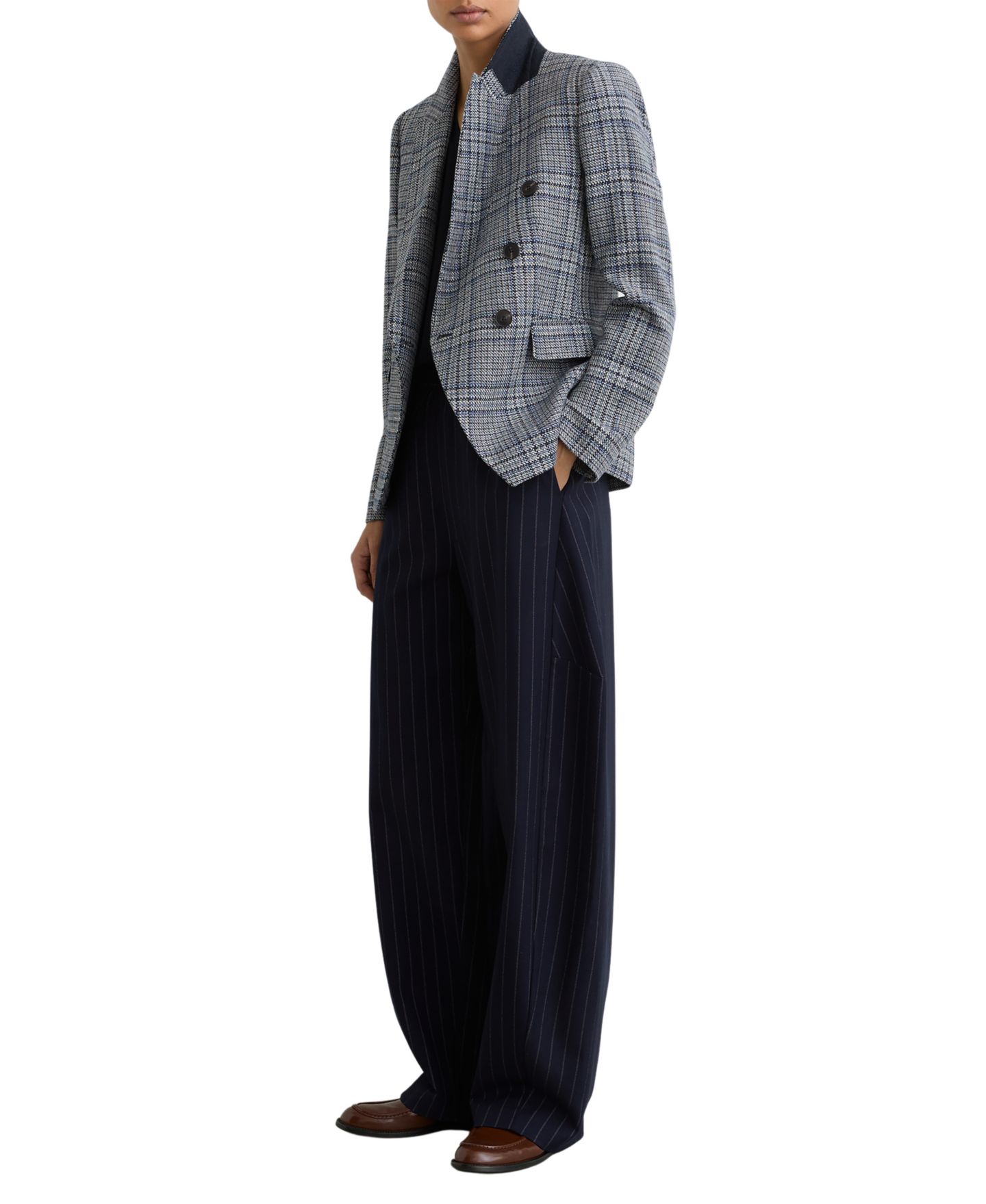 Женский пиджак REISS Double-Breasted Check Cotton-Linen Blazer, цвет: Тёмно-синий клетчатый — фото 2