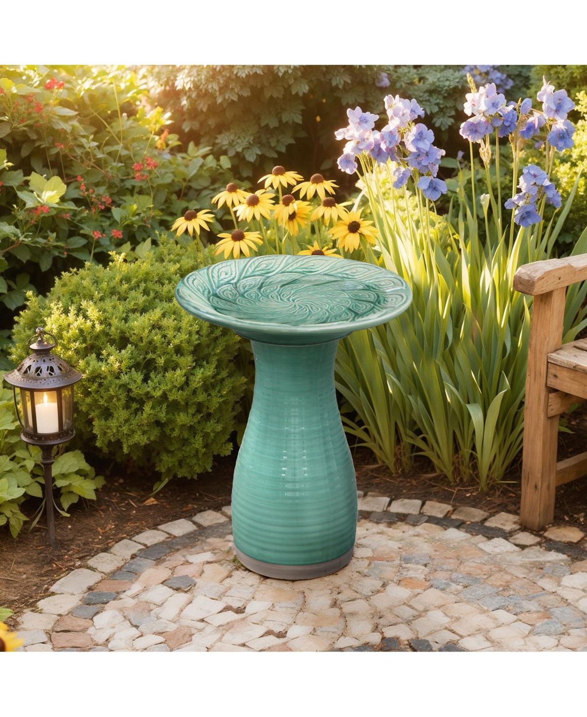 LuxenHome Aqua Green Ceramic Birdbath with Peacock Feather Design Basin, 20.47" Outdoor Garden Accent