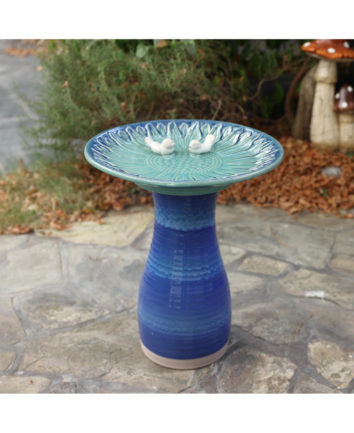 LuxenHome 20.5" Elegant Ceramic Bird Bath for Outside with Decorative Birds, Blue