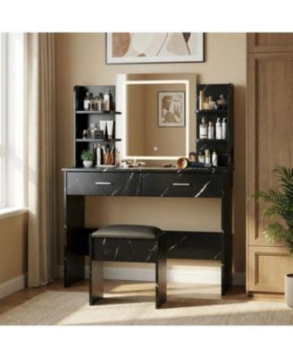 Makeup Vanity Desk with LED Mirror, 2 Drawers, Power Outlet & Cushioned Stool, 3 Light Modes, Marble