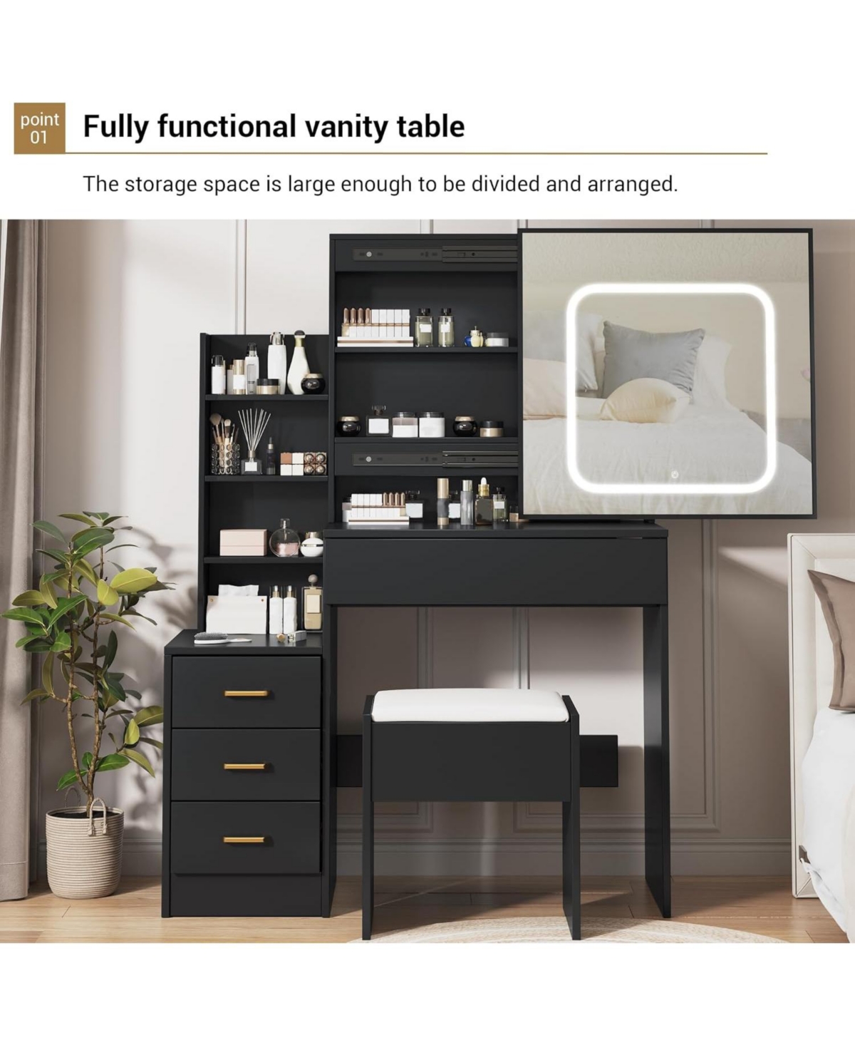 gaomon Makeup Vanity Desk with Sliding Led Mirror, Power Outlet, 4 Drawers, Shelves & Cushioned Stool