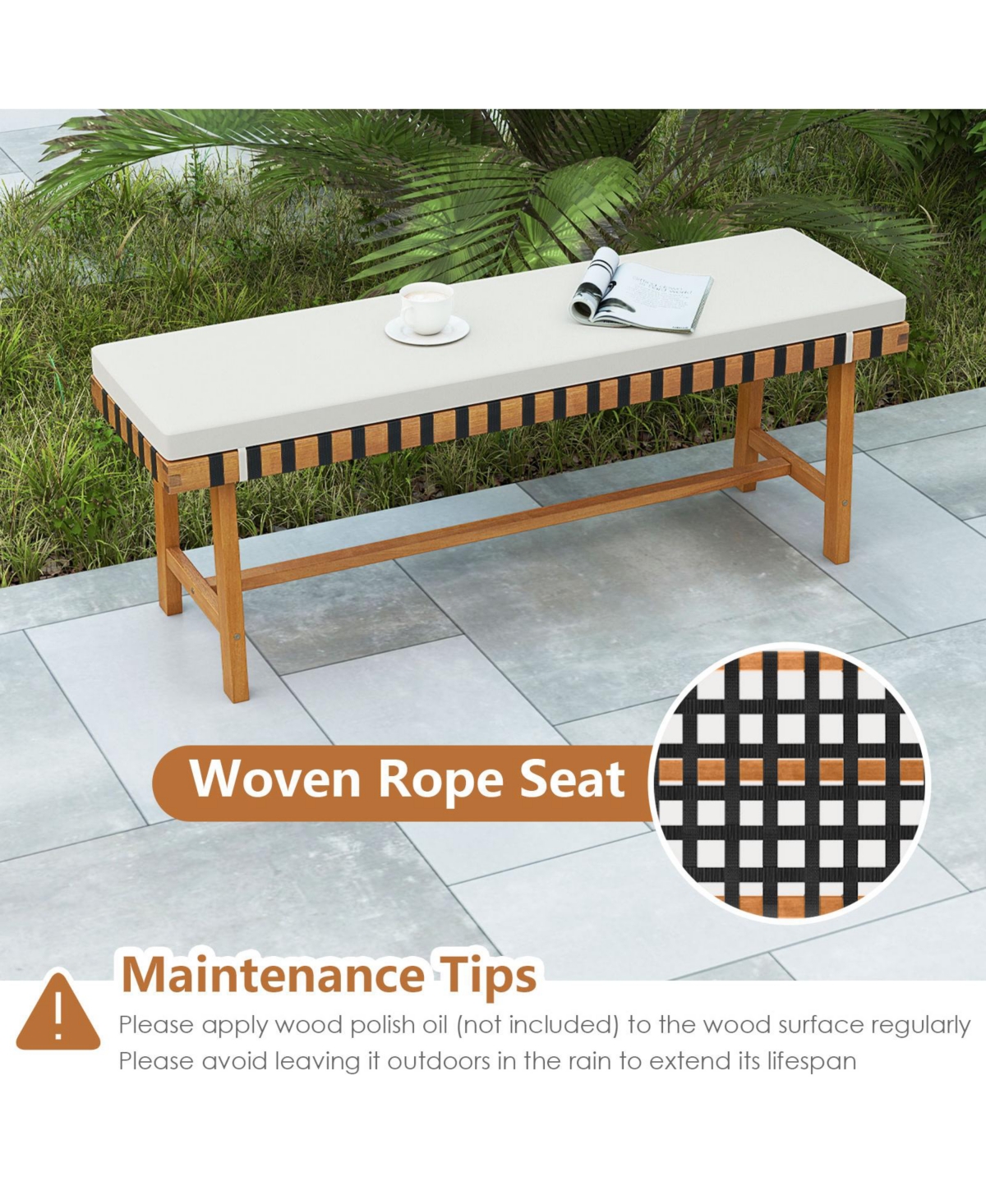 Gymax 2 Pieces 48'' Long Acacia Wood Outdoor Bench Thick Padded Seat Cushion Entryway