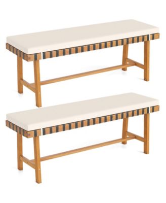 2 Pieces 48'' Long Acacia Wood Outdoor Bench Thick Padded Seat Cushion Entryway