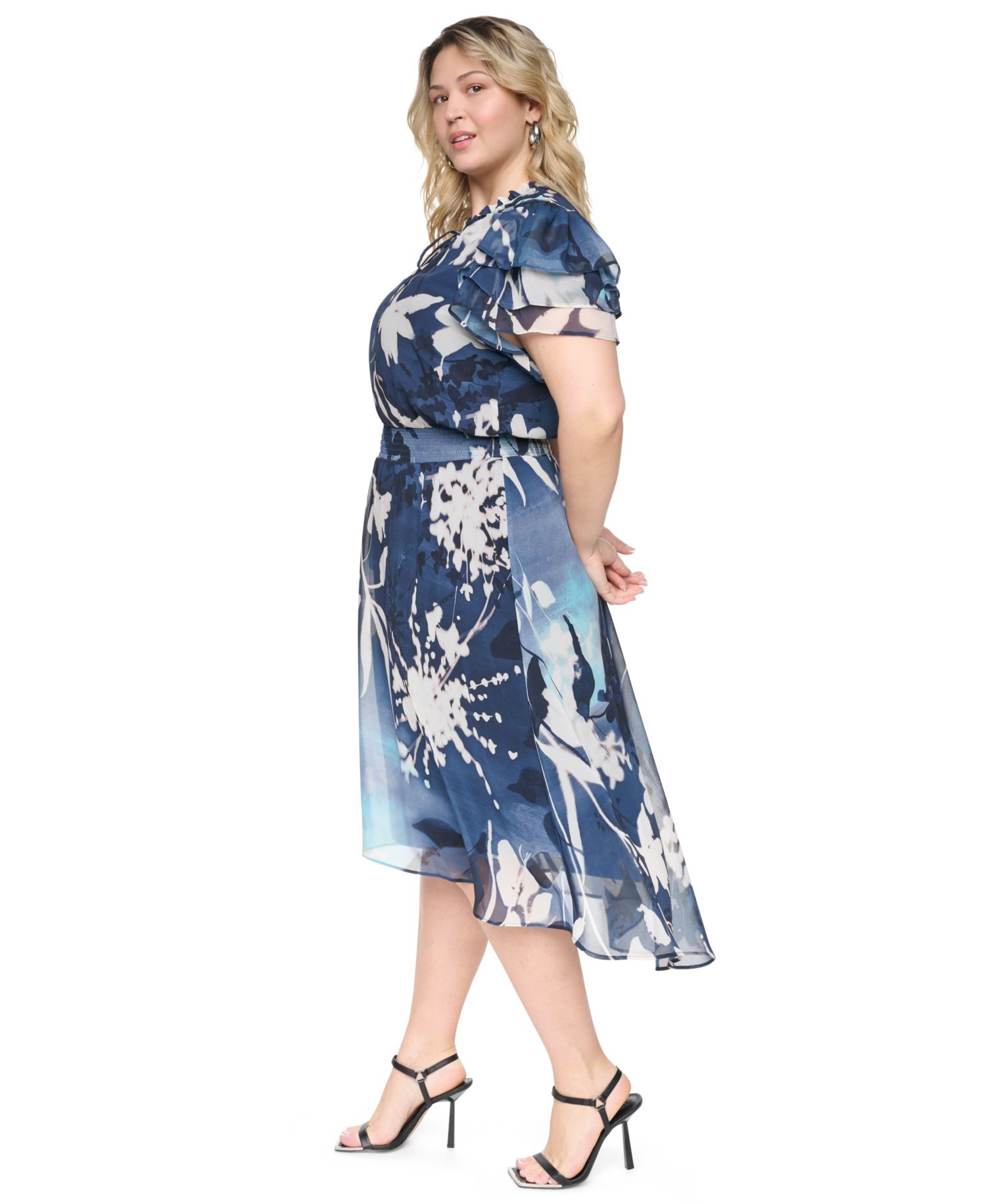 Plus Size Tie Neck Flutter-Sleeve Dress
