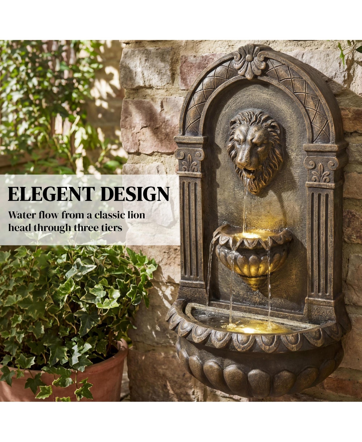 Outsunny Wall-Mounted 3-Tier Outdoor Fountain with Led Lights