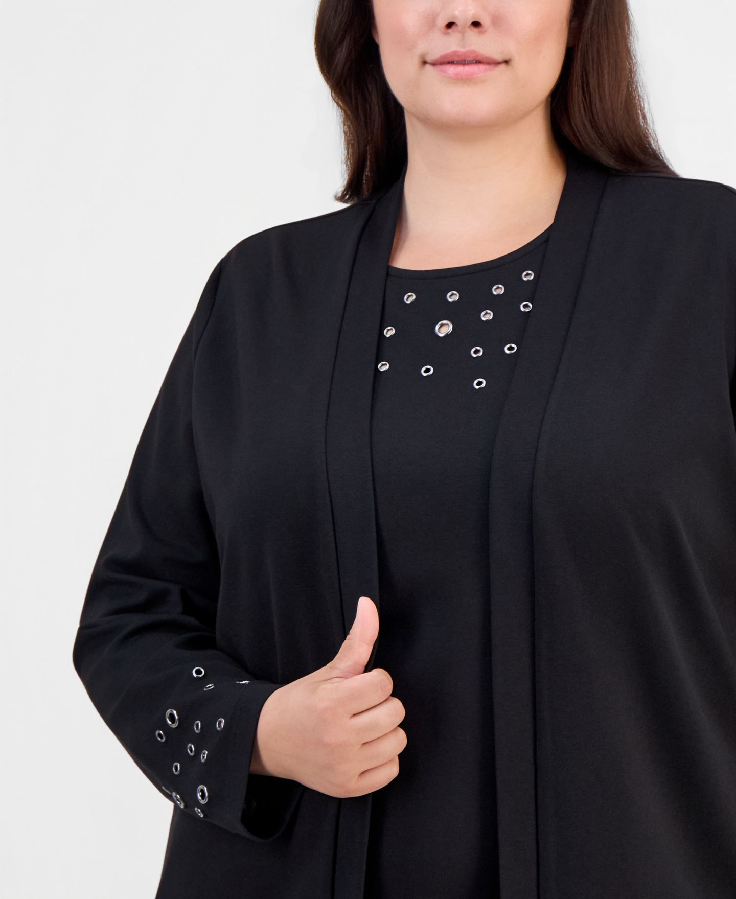 Женский кардиган Anne Klein Plus Size Open-Front Grommet-Trim, цвет: Чёрный — фото 2