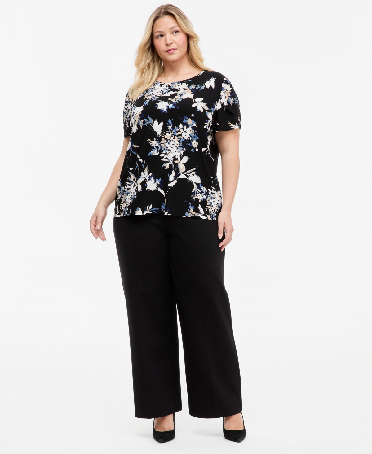 Anne Klein Essentials Plus Tuli Floral Tulip-Sleeve T-Shirt