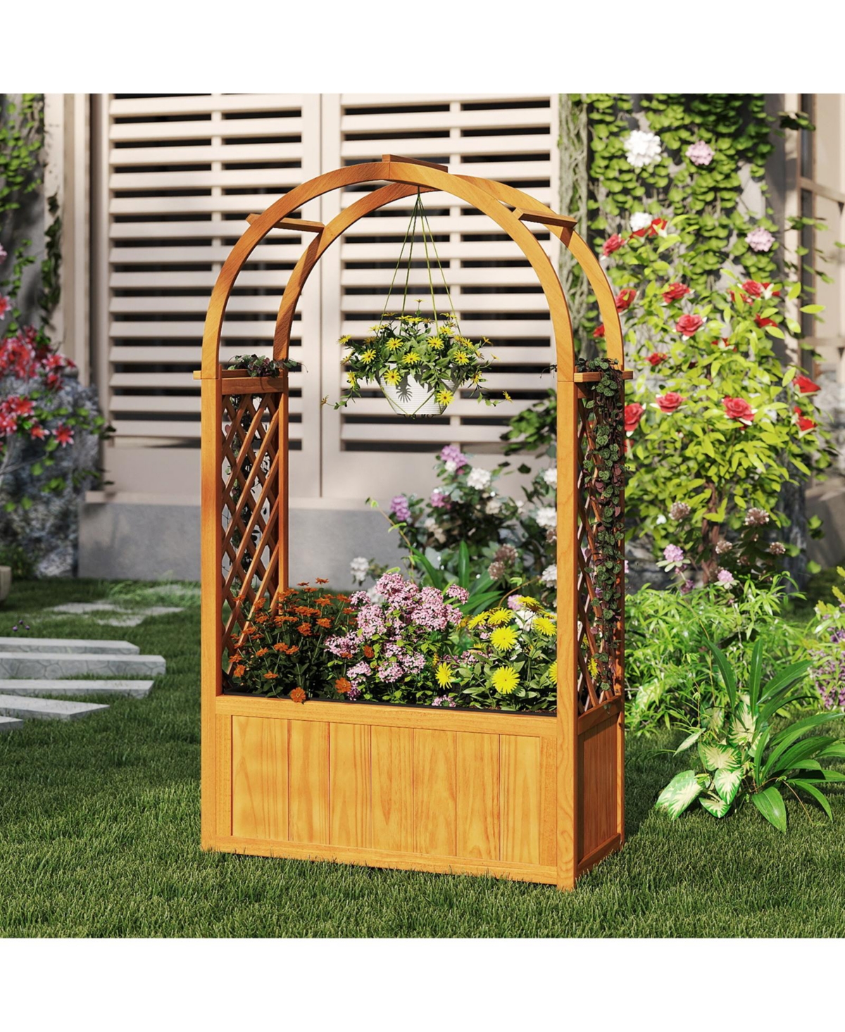 Sugift Wooden Raised Garden Bed with Lattice Trellis and Arched Roof