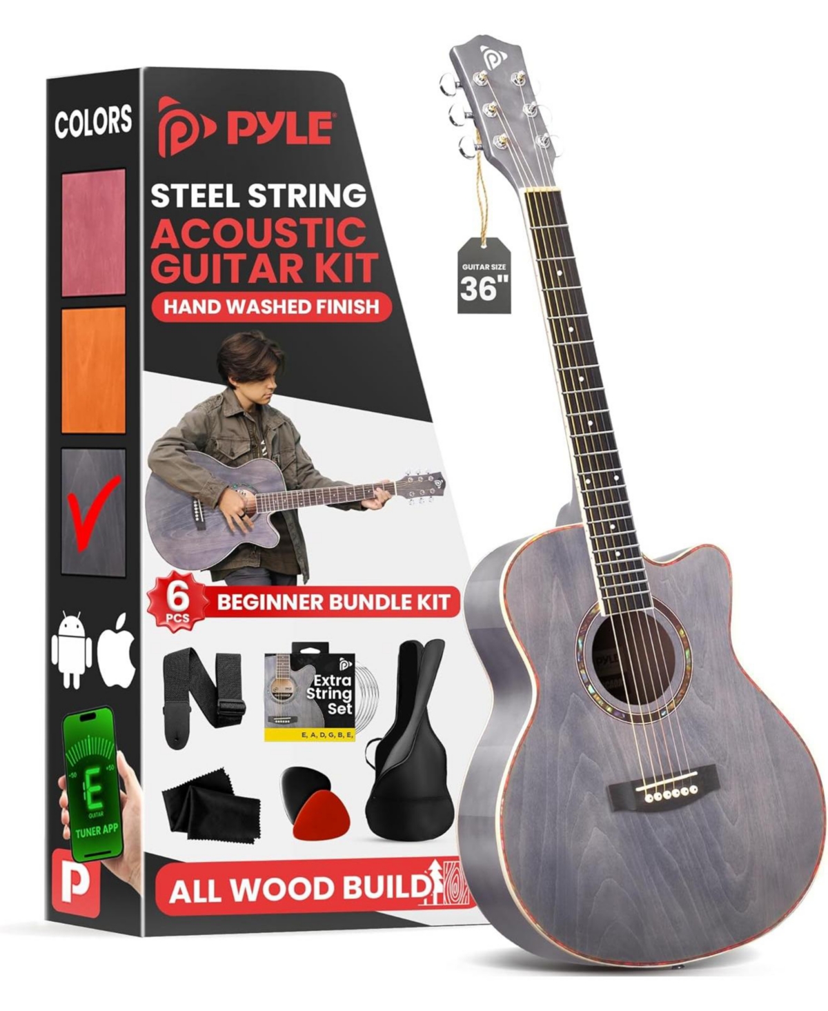 Pyle Beginners 6String Acoustic Guitar 36 Cutaway Body With Kit  Grey