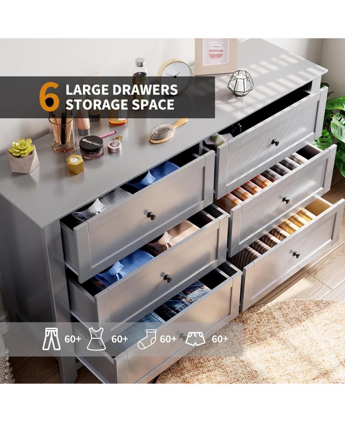 gaomon Modern 6 Drawer Wood Dresser with Nickel Handles, Deep Storage Chest