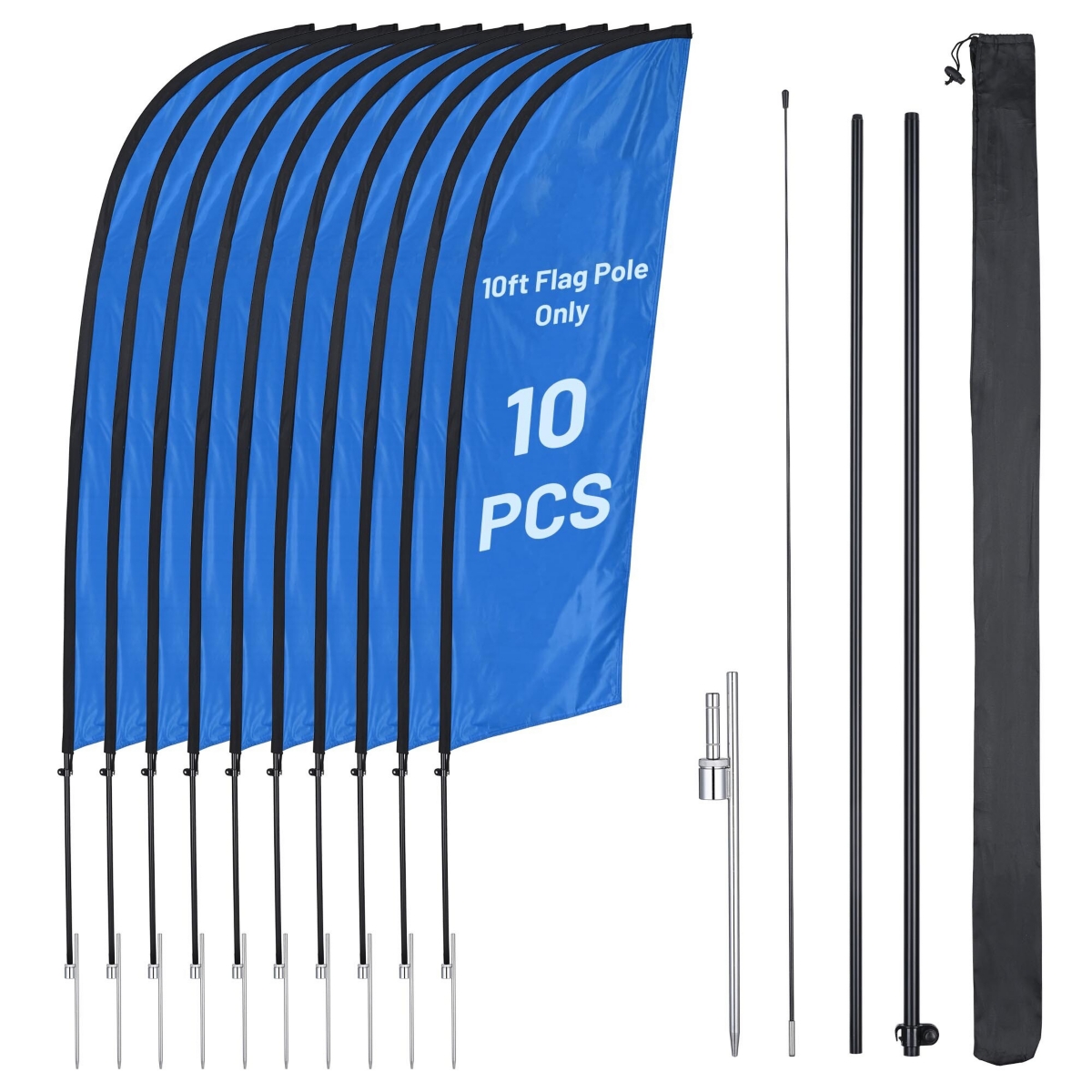 InstaHibit 10 Pack 11ft Feather Flag Pole Kit with 20" Ground Spike Flag Base - Natrual