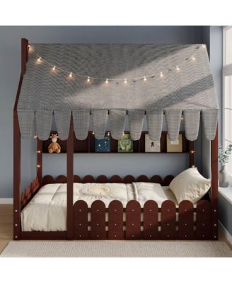 Montessori House Bed for Kids, Floor Bed with Fence Railings, Slats not included